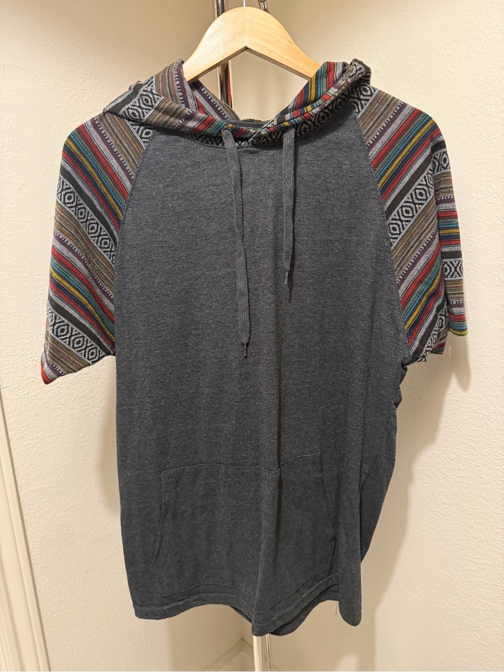 Charcoal Crewneck Hoodie with Multicolor Striped Aztec Sleeves